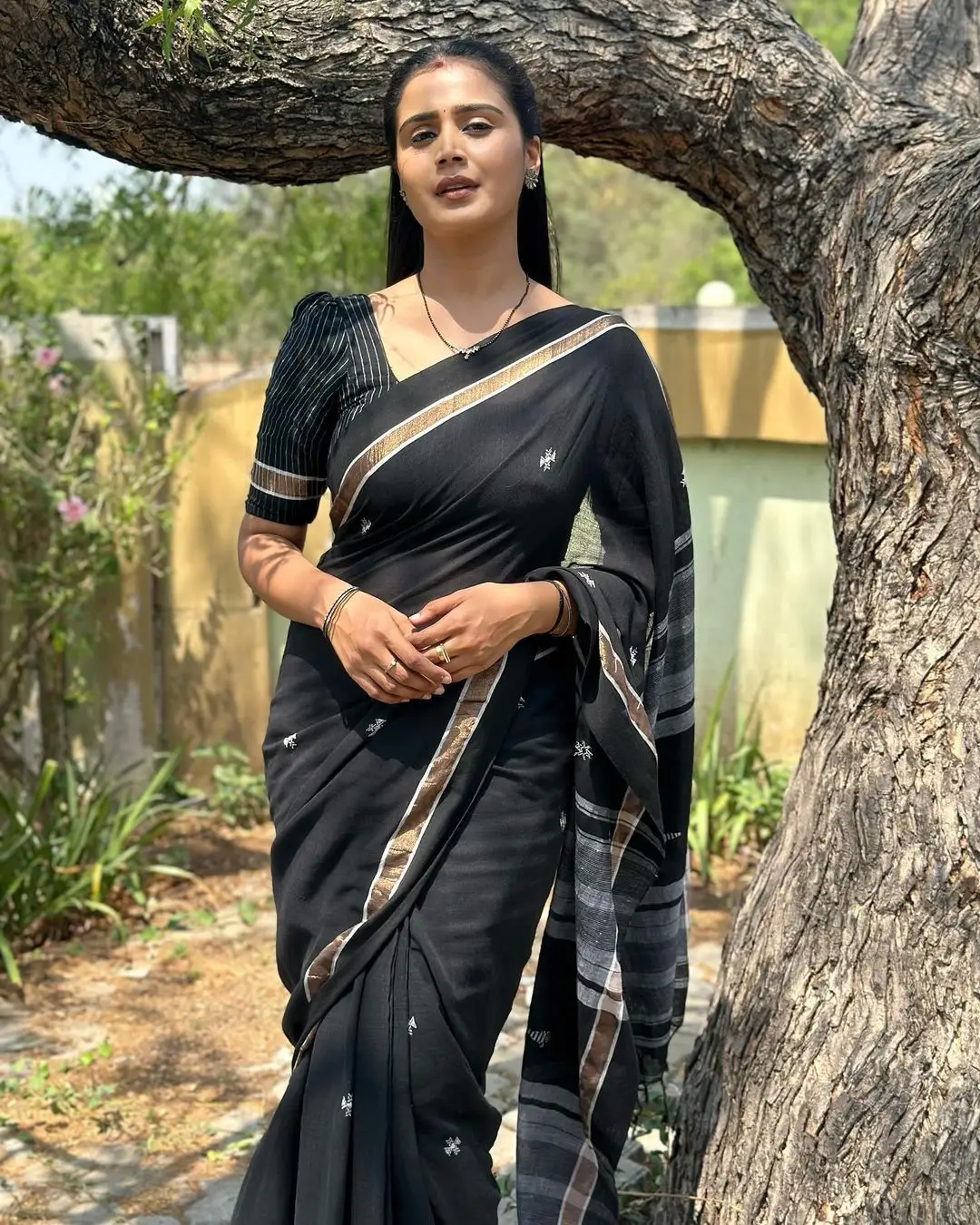 Indian Girl Kavya Shree In Traditional Black Saree Blouse